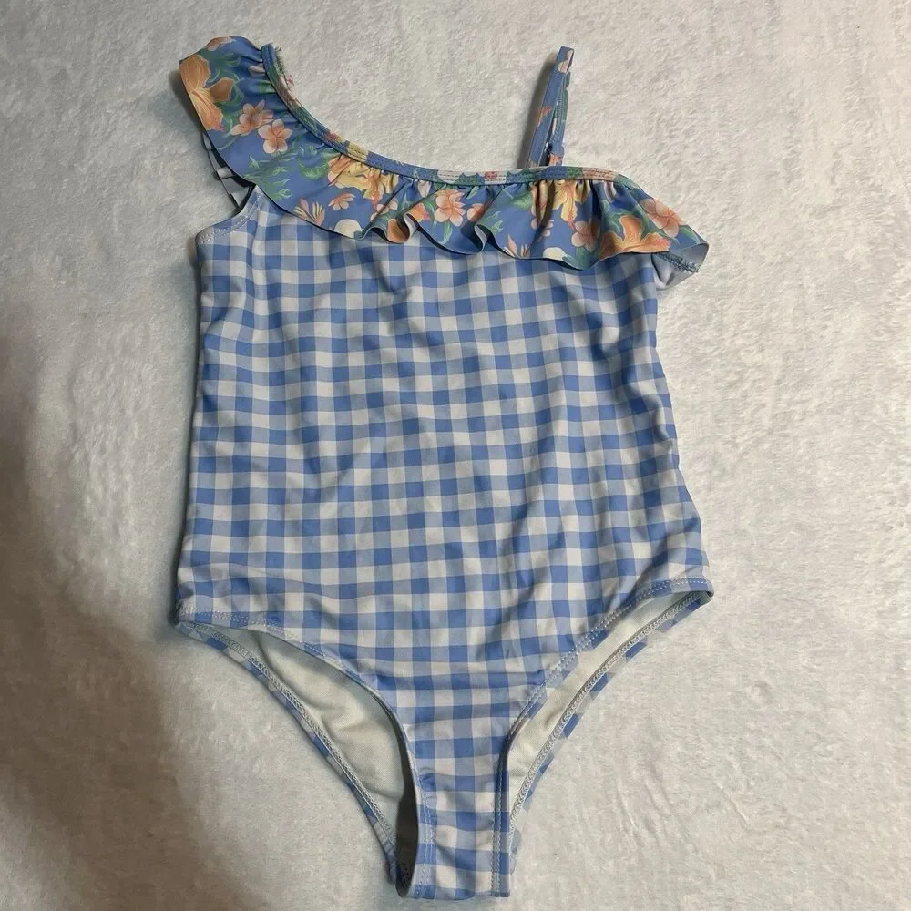 Tommy Bahama‎ Bathing Suit Girls Size 7 One Piece Floral Plaid Ruffles Swim Suit